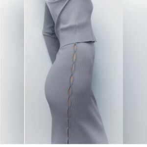 Zara Gray Ribbed Runway Vogue Cut Out Pencil Maxi Skirt Size L